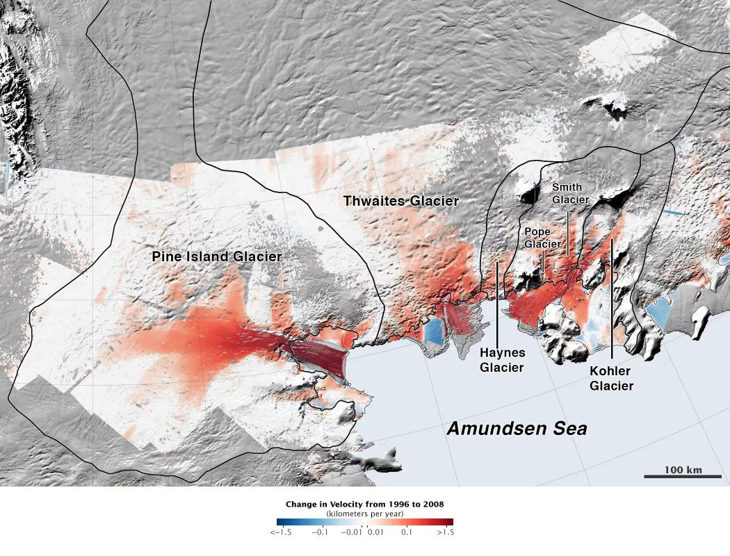 These fast moving glaciers are considered the weak underbelly of the West Antarctic Ice Sheet (WAIS). Satellite observations show calculated changes in ice flow between 1996 and 2008. Red is accelerating; blue is slowing. Changes extend far inland. Thwaites glacier, in particular, could pave the path for a large retreat of the WAIS. Credit: NASA