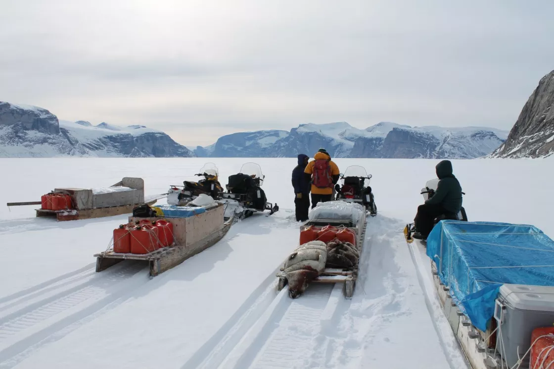 The project team traveling by skidoo and qamutiik (sled) to visit weather stations. Esa often hunts along the way, successfully catching seals on this outing (seen on the back of the sled). These trips are learning experiences for the team in more ways than just weather. 