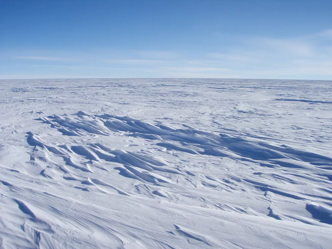 Sastrugi snow formations on the surface of the snow in East Antarctica