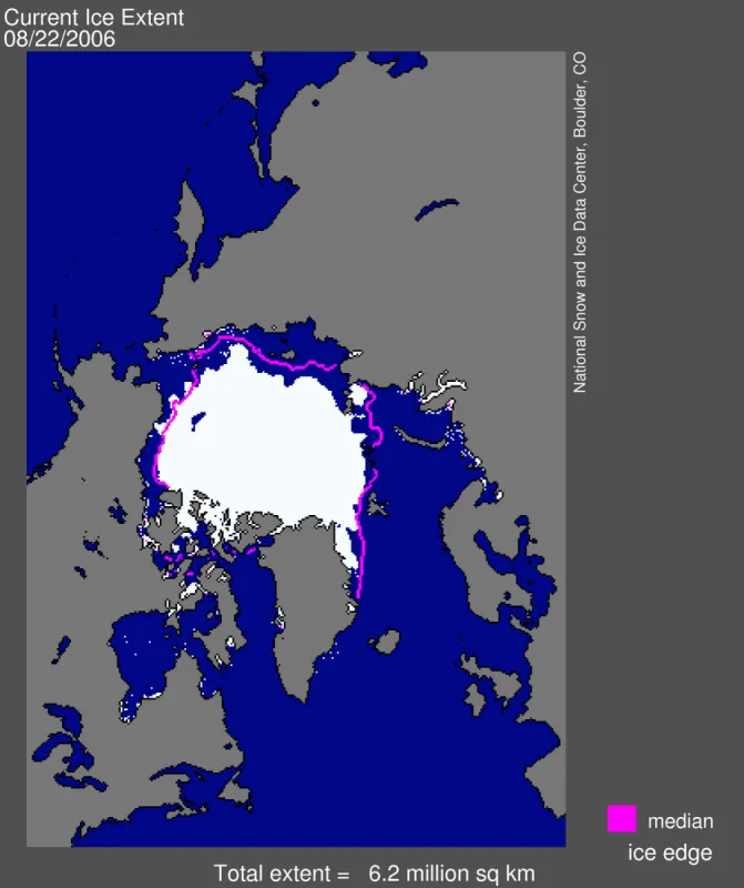 Sea ice extent for August 22, 2006: Graphic showing sea ice for 22 Aug compared to Sept average