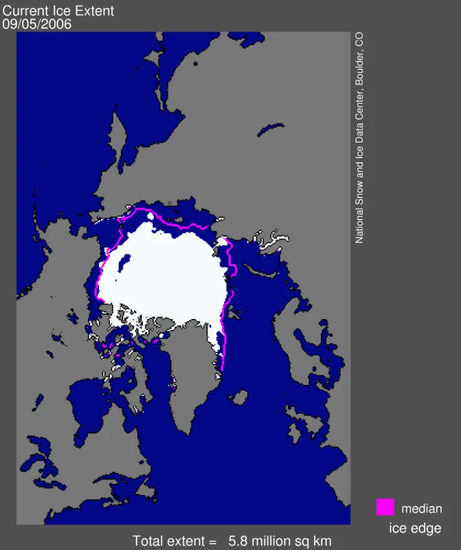 Sea ice extent for September 5, 2006: Graphic showing current sea ice compared to Sept average