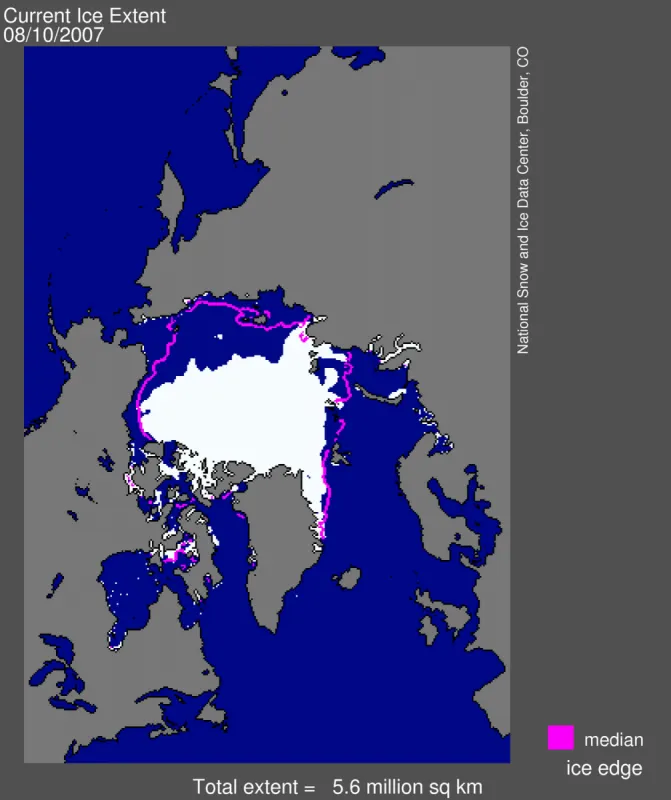 Sea ice extent for August 8, 2007