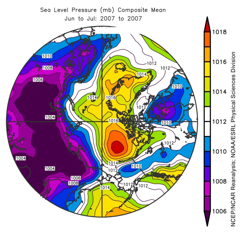 Arctic sea-level pressure, June to July 2007 