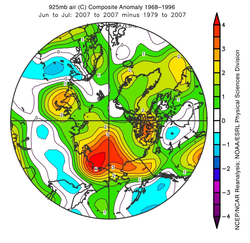 Arctic temperature anomalies, June to July 2007 