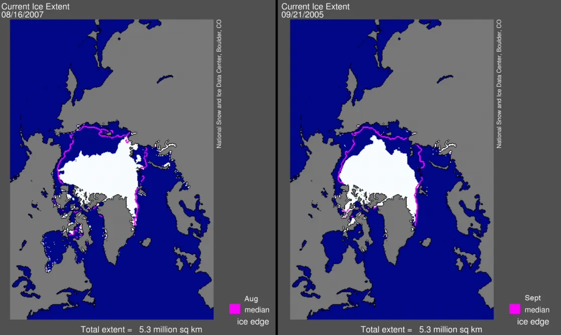 Sea ice extent for August 16, 2007, compared to previous single-day record