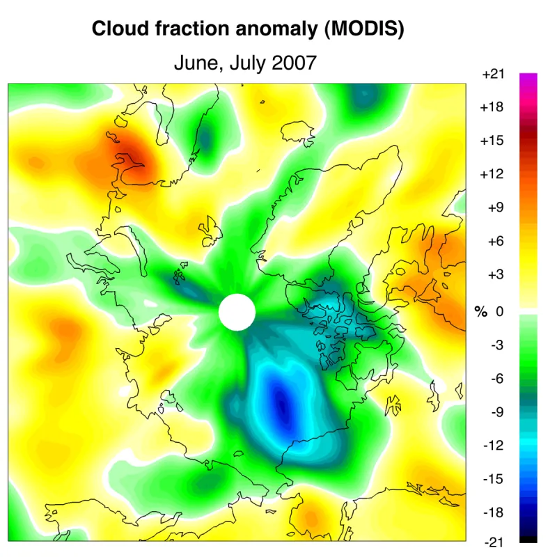 Cloud cover in June and July of 2007 Data derived from MODIS.