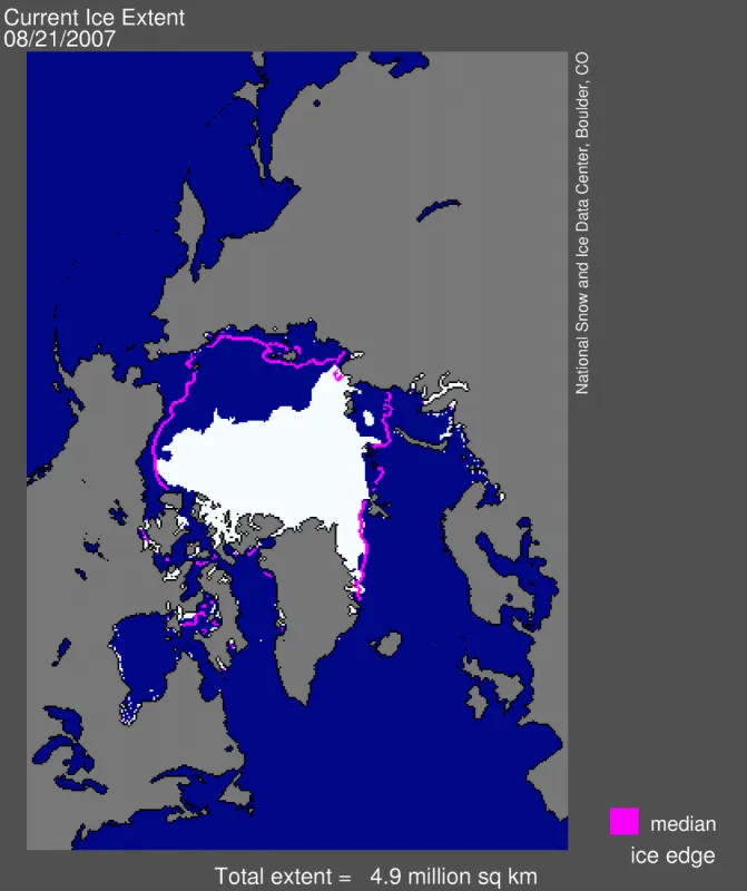 Sea ice extent for August 21, 2007