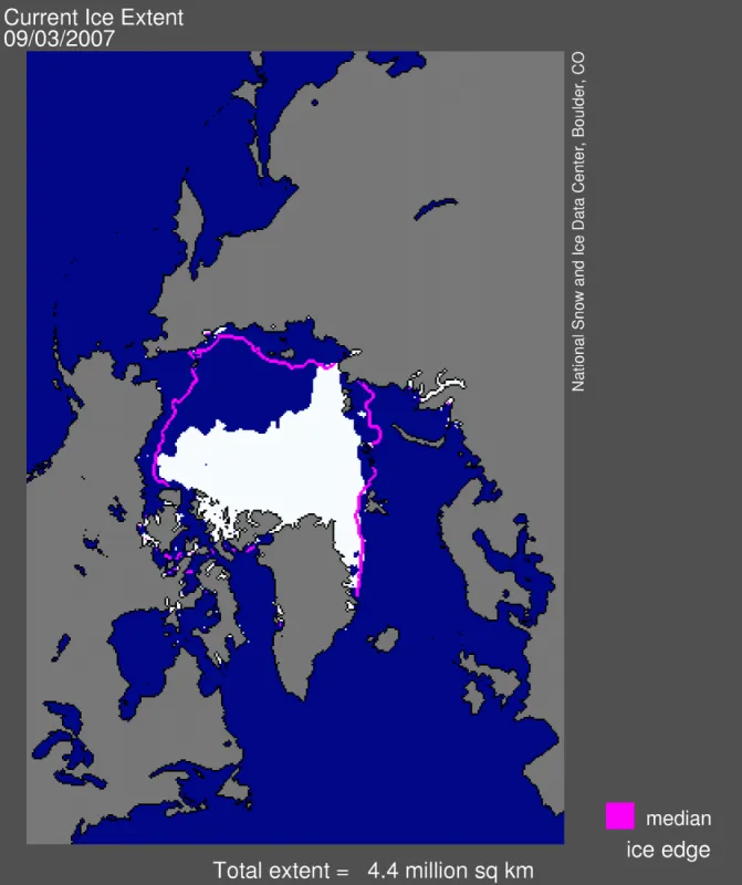 Sea ice extent for September 3, 2007