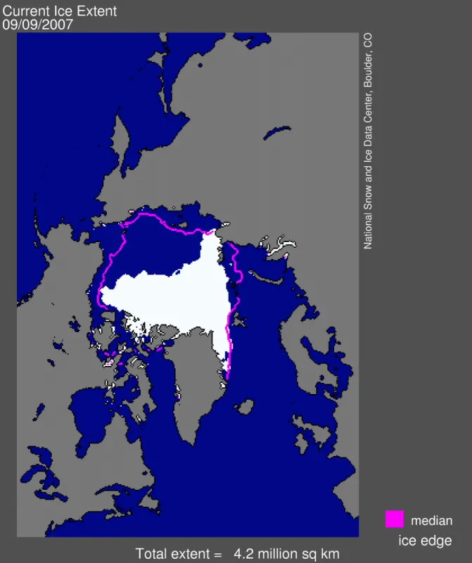 Sea ice extent for September 9, 2007