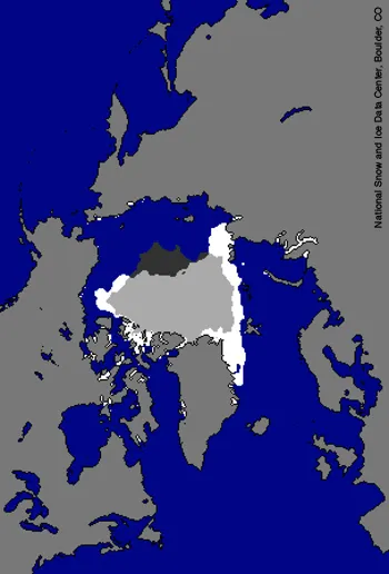 September 9, 2007 sea ice extent compared to perennial sea ice 1979 to 2006