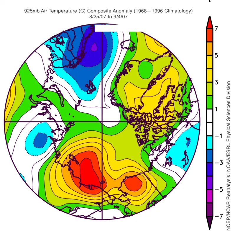 Temperature anomalies, August 25 to September 4, 2007