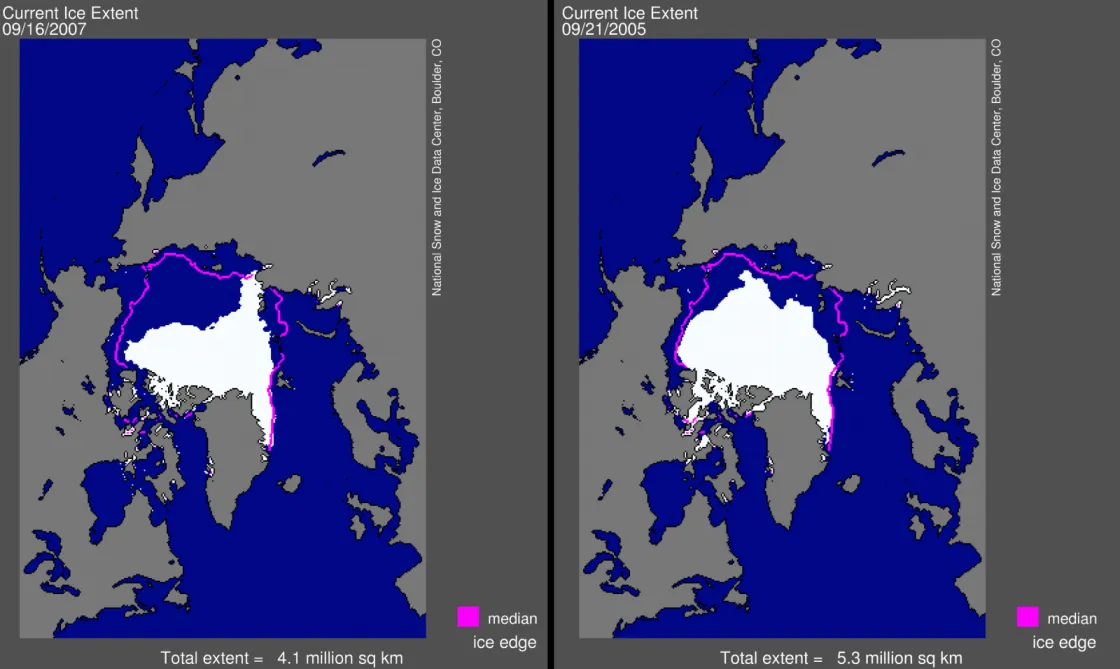 Sea ice extent for September 16, 2007, compared to previous record