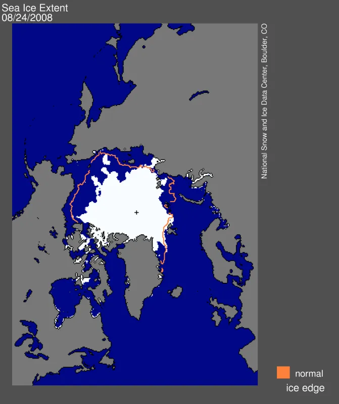 Image showing daily Arctic sea ice extent from August 24, 2008: 5.47 million square kilometers (2.11 million square miles) of ice.