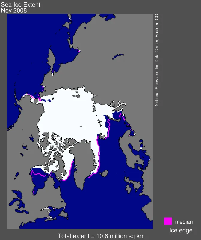 Map of Arctic sea ice extent for November 2008