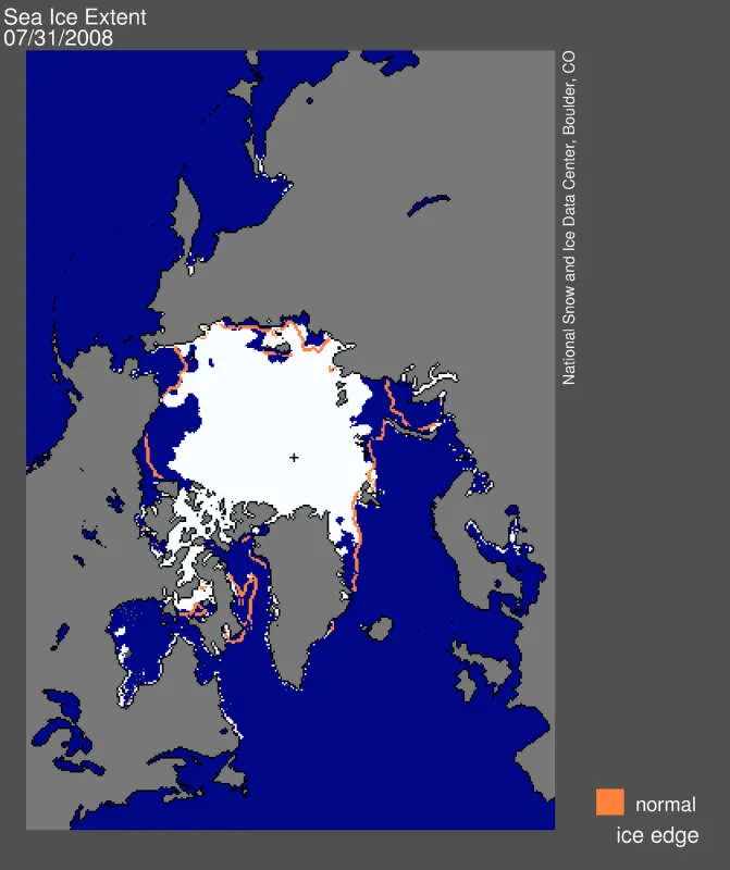 Image showing daily Arctic sea ice extent from July 31, 2008: 7.71 million square kilometers (3.98 million square miles) of ice.