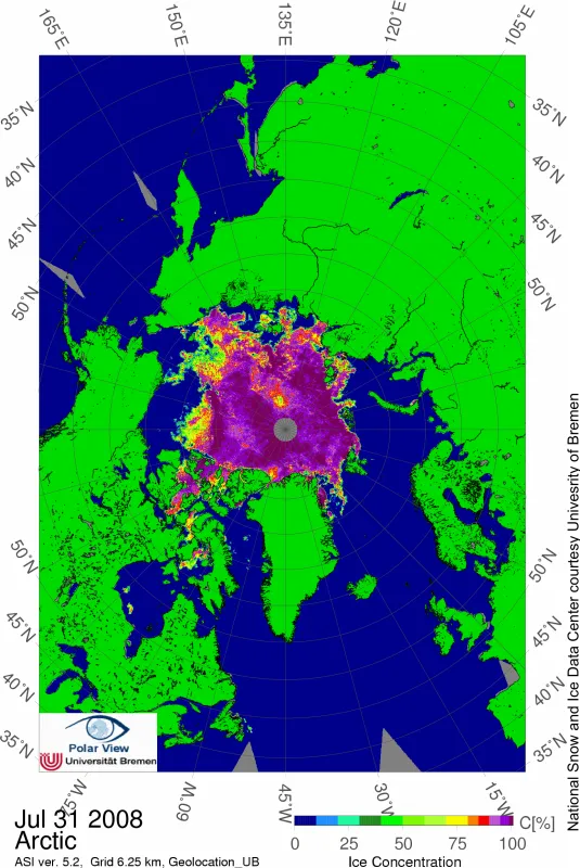 Satellite data image showing sea ice concentration on July 31, 2008.