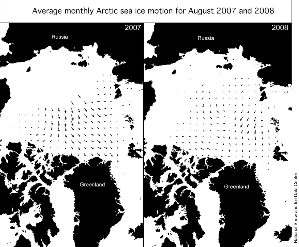 Average monthly Artic sea ice motion for August 2007 and 2008