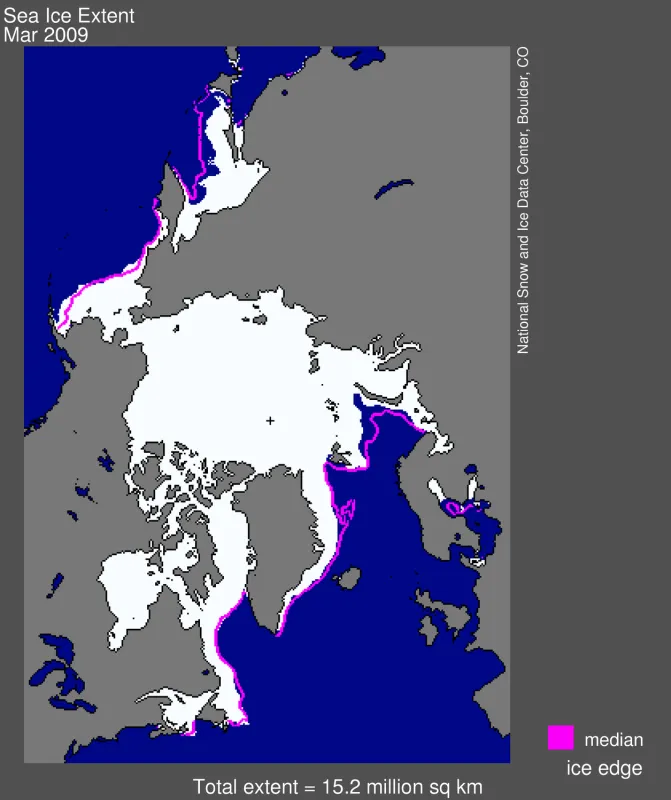 Map of Arctic sea ice extent for March 2009