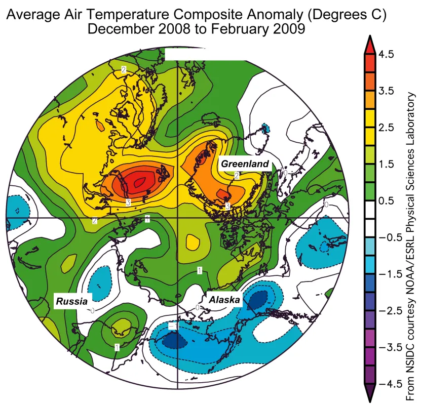 map of air temperature anomalies for winter 2008 to 2009 at the 925 millibar leve