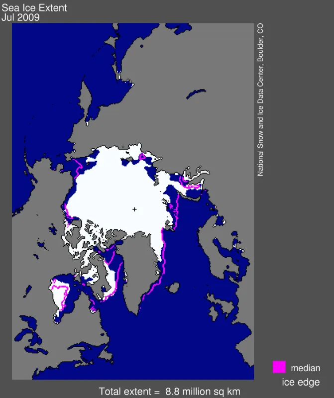 Map of Arctic sea ice extent.