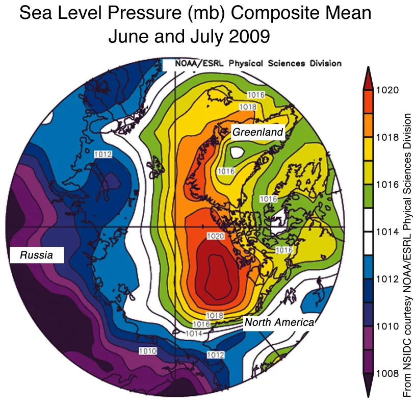 Map of Arctic sea level pressure.