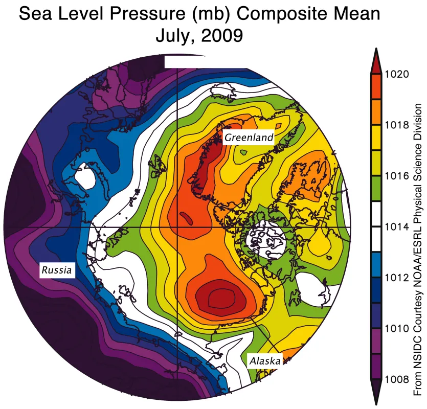 Map of Arctic sea level pressure.