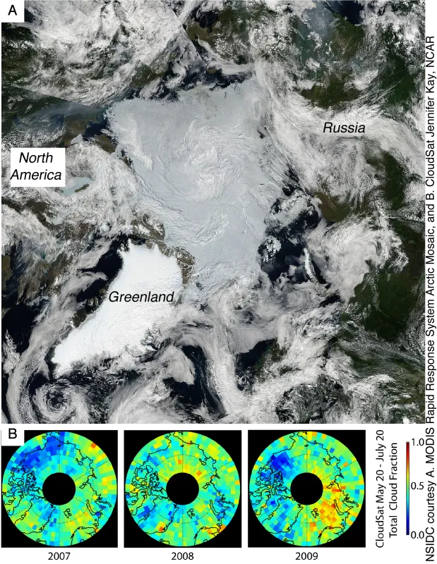 Moderate Resolution Imaging Spectroradiometer (MODIS) image (top) and CloudSat satellite data image (bottom).