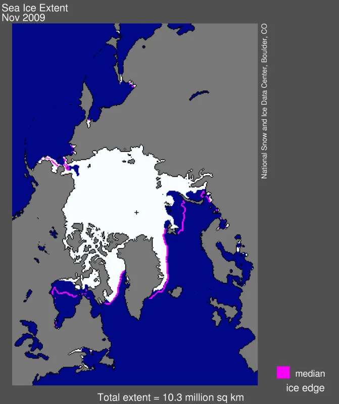 Arctic sea ice extent for November 2009 was 10.26 million square kilometers (3.96 million square miles).