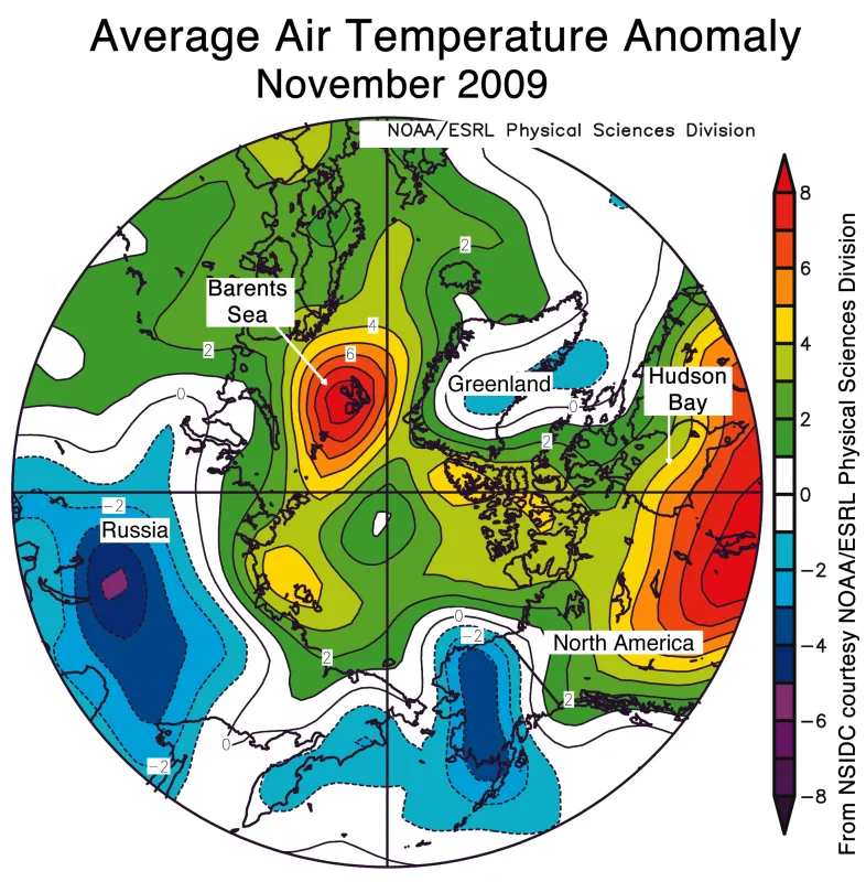  The map of air temperature anomalies for November 2009, at the 925 millibar level (roughly 1,000 meters [3,000 feet] above the surface), shows warmer than usual temperatures over the Barents Sea and Hudson Bay. Areas in blue correspond to negative (cool) anomalies.