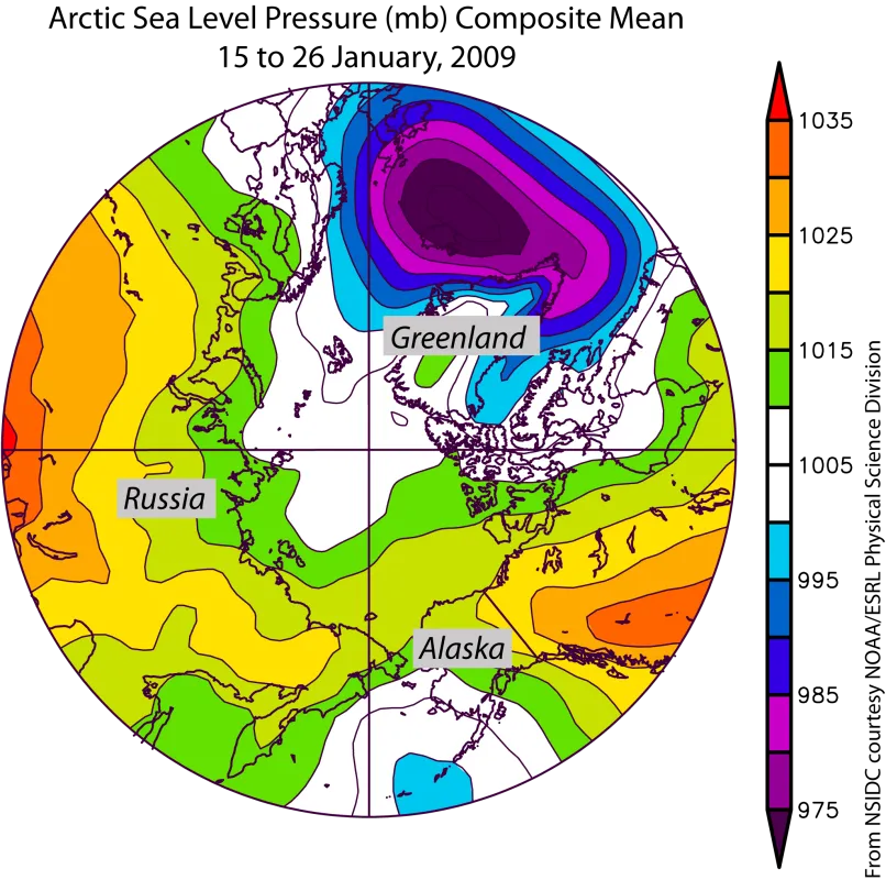 Map of average Arctic sea level pressure.