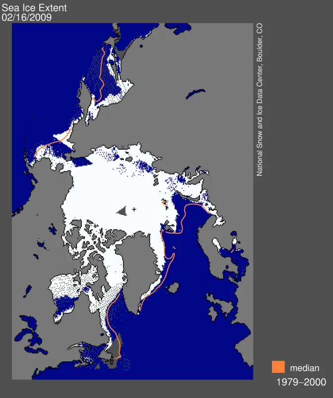 Daily Arctic sea ice extent map.