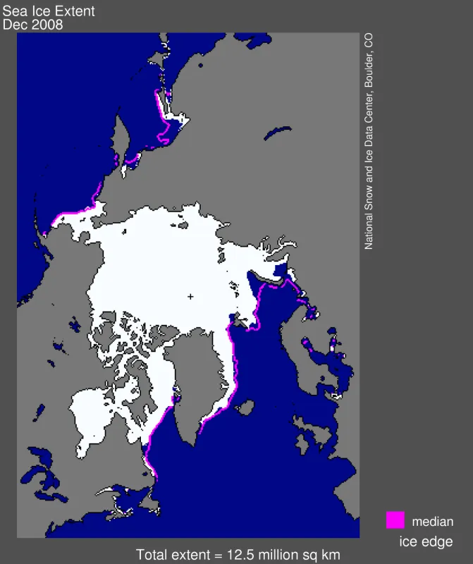 Map of Arctic sea ice extent for December 2008