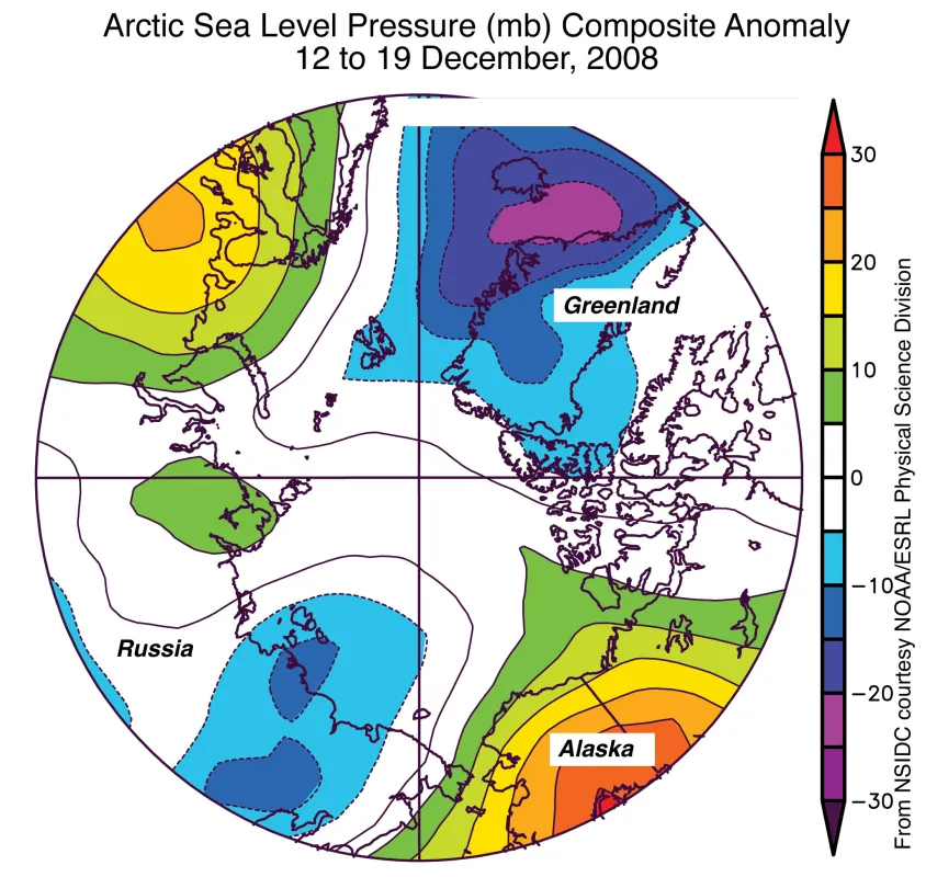 Sea level pressure anomalies (in millibars) averaged for December