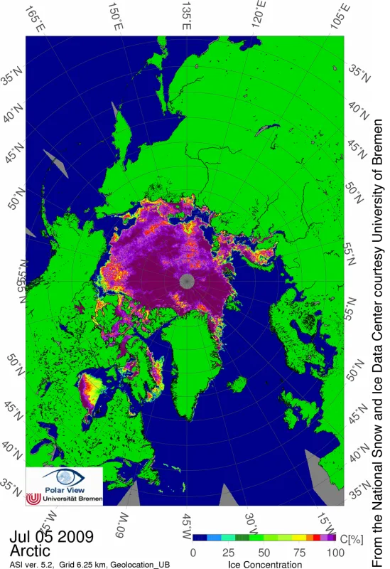 map of sea ice concentration from AMSR-E from July 5, 2009 shows low ice concentrations in the Laptev Sea, where atmospheric temperatures have been particularly warm in the month of June