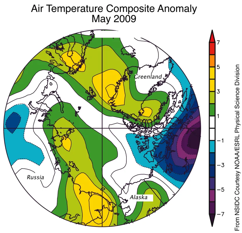 map of air temperature anomalies for May, 2009, at the 925 millibar level (roughly 1,000 meters [3,000 feet] above the surface), shows warmer than usual temperatures between Greenland and Svalbard and in the East Siberian and Laptev seas