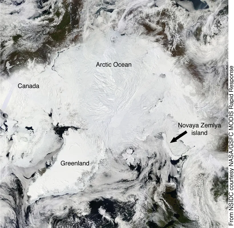 satellite image of the Arctic ocean, shows sea ice beginning to break up in the Barents Sea and north of Novaya Zemlya