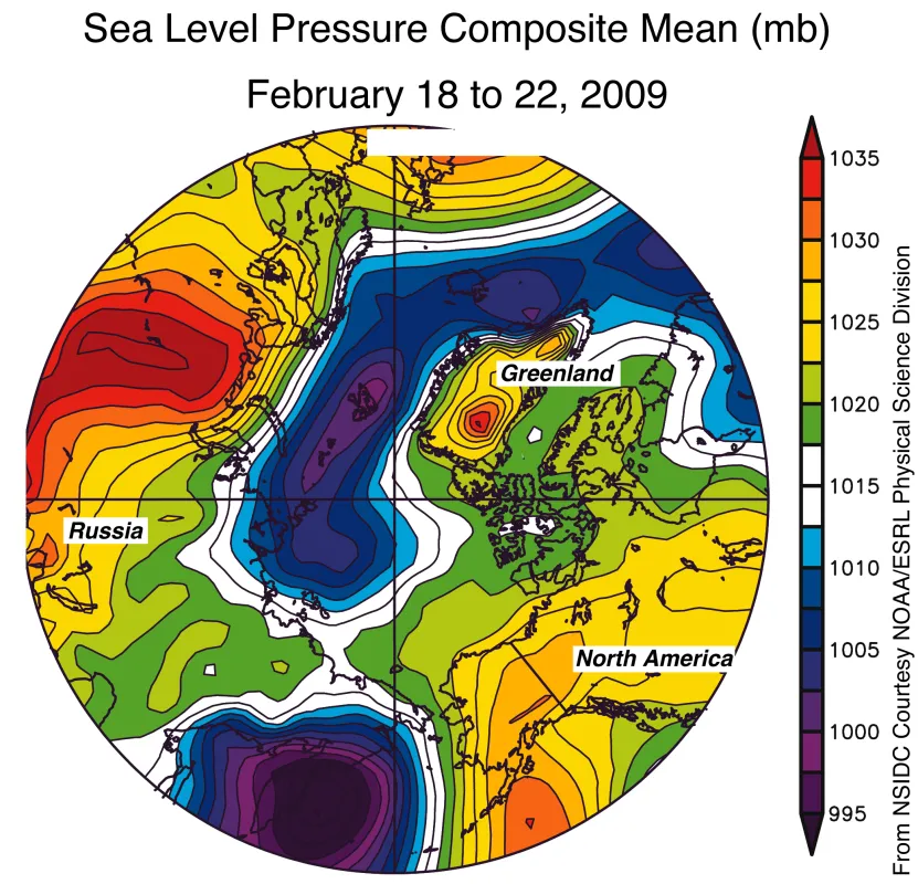 Map of average Arctic sea level pressure.