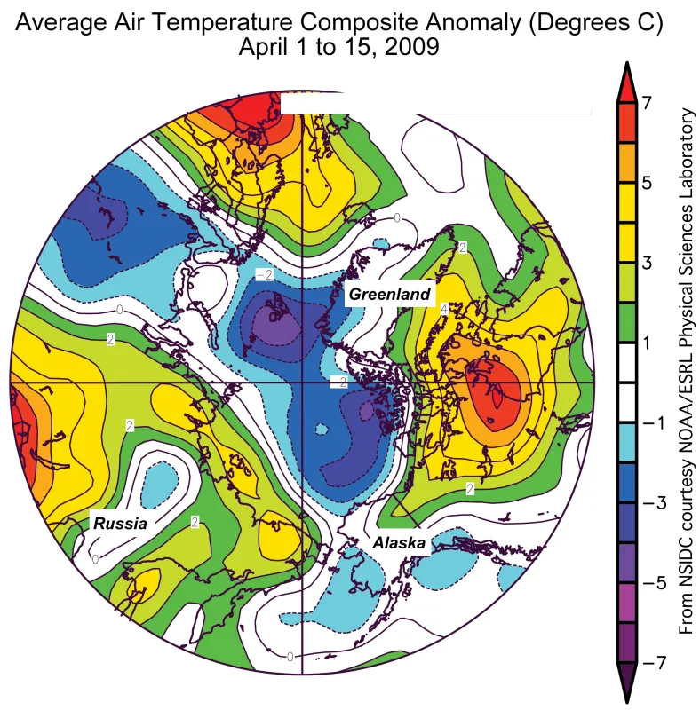 map of air temperature anomalies for April 1 to 15, 2009, shows cooler-than-usual conditions over much of the Artic Ocean.