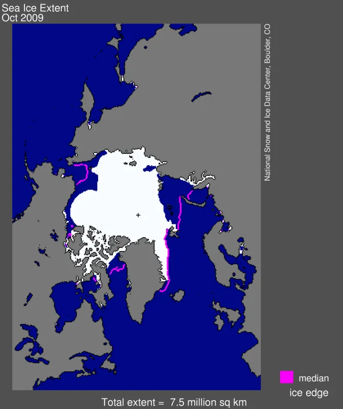 rctic sea ice extent for October 2009 was 7.50 million square kilometers (2.90 million square miles).