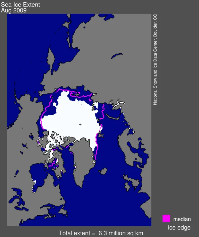 Arctic sea ice extent for August 2009 was 6.26 million square kilometers (2.42 million square miles).