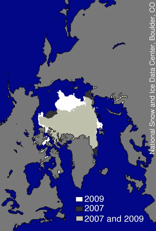 This image compares differences in ice-covered areas between September 12, 2009, the date of this year’s minimum, and September 16, 2007, the record low minimum extent.