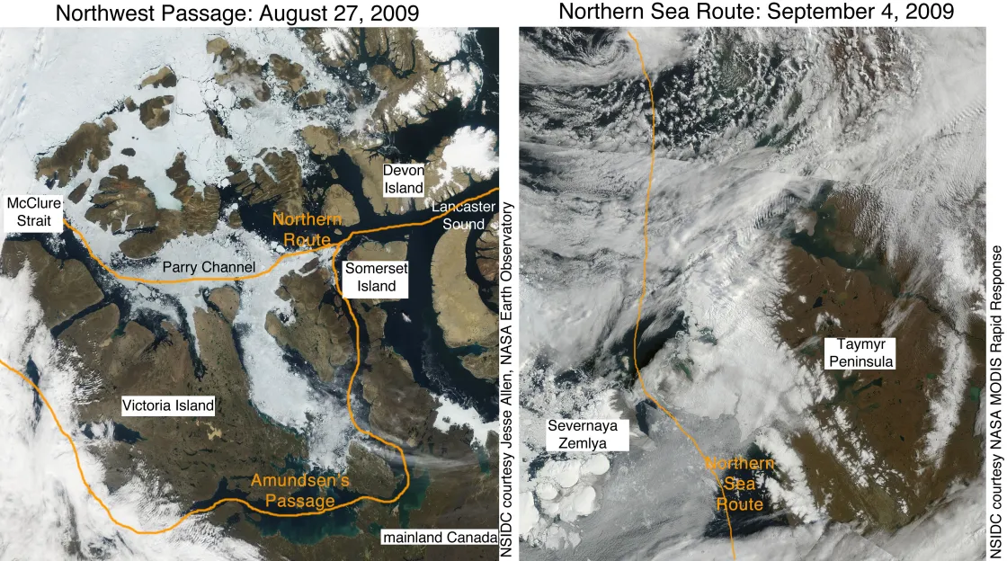 Images from the Moderate Resolution Imaging Spectroradiometer (MODIS) image, acquired by the NASA Terra satellite on August 27 and September 4, show recent ice conditions in the Northwest Passage and Northern Sea Route.