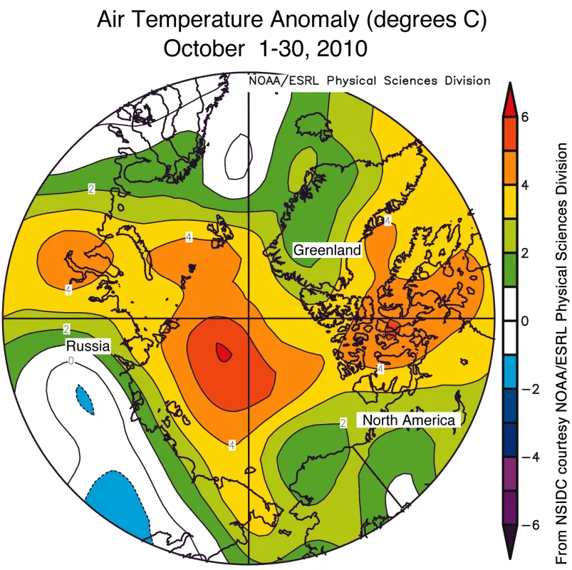 Map showing Arctic air temperature anomalies.