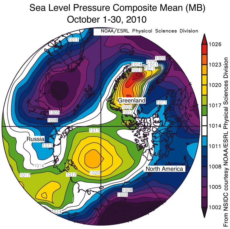 Map showing Arctic sea level pressure.