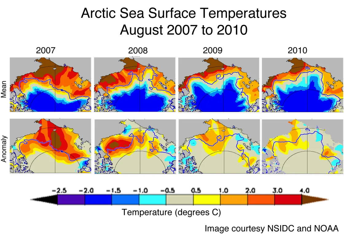 Map showing sea surface temperatures in the Arctic.