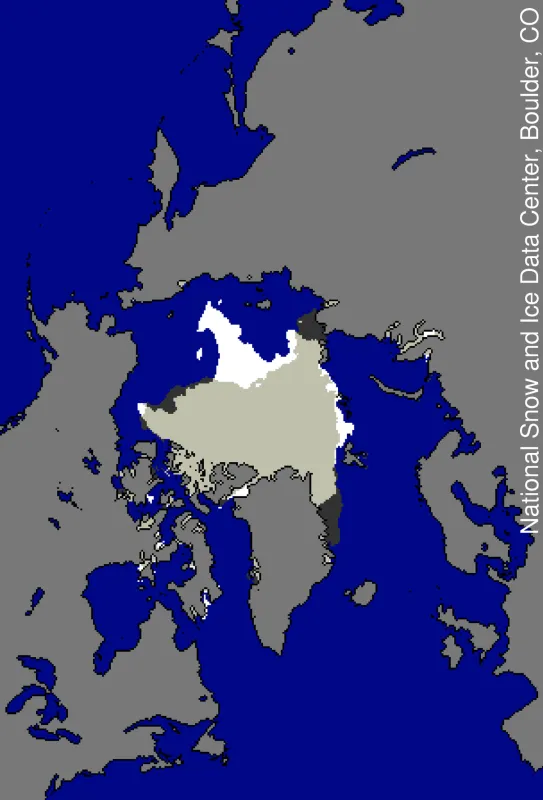 Map showing differences in ice-covered areas in the Arctic.