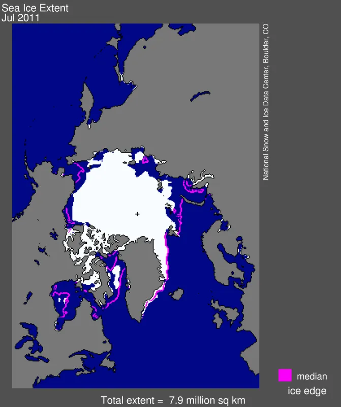 Arctic sea ice extent for July 2011 was 7.92 million square kilometers (3.06 million square miles).