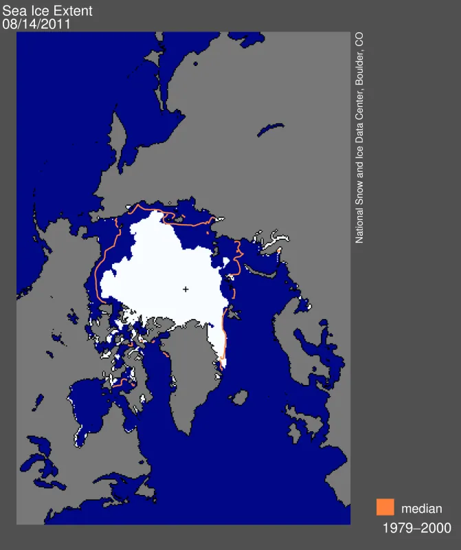 Arctic sea ice extent on August 14, 2011 was 5.56 million square kilometers (2.15 million square miles).