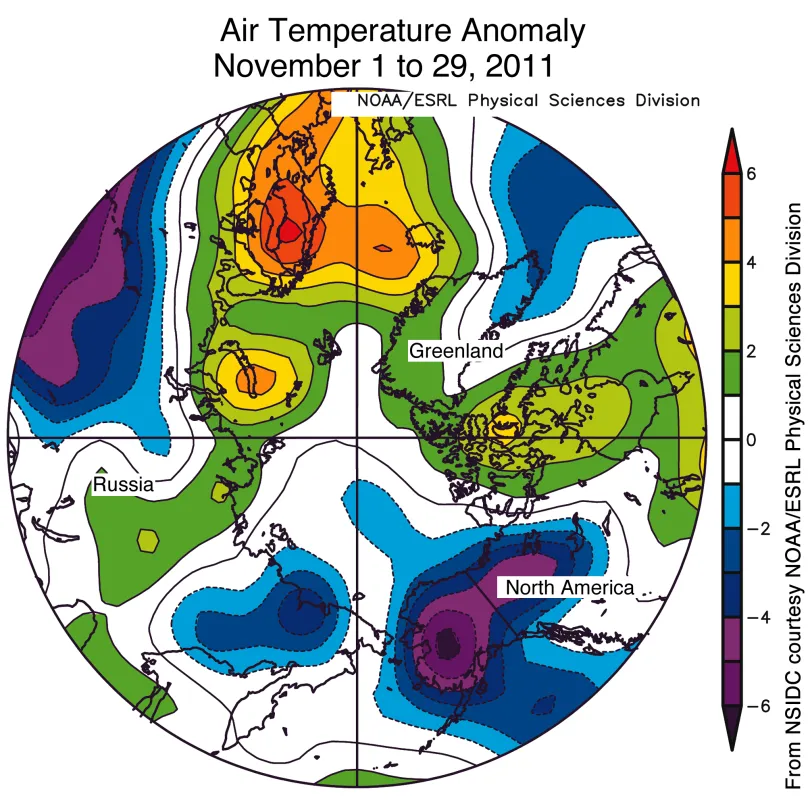 This map of air temperature anomalies at the 925 hPa level (approximately 3000 feet) for November 2011 shows near-normal or lower-than-average temperatures over much of the Arctic basin, while air temperatures over the Kara and Barents Seas and Greenland were warmer than normal.