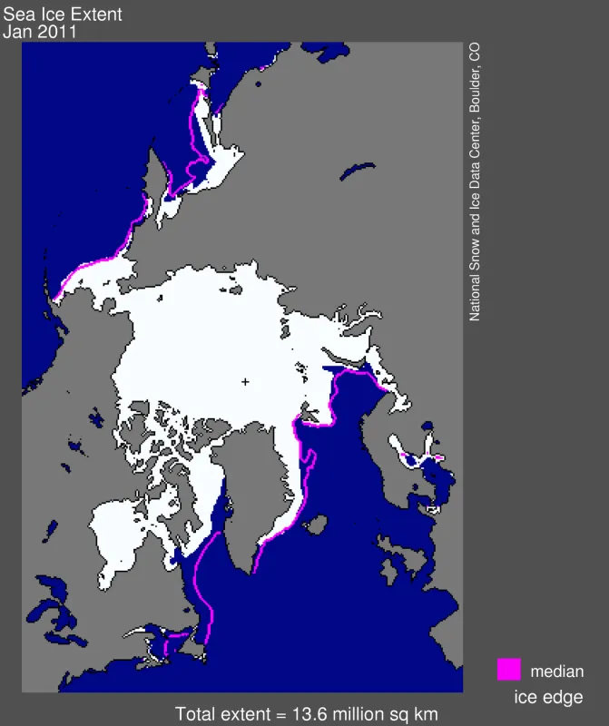 rctic sea ice extent for January 2011 was 13.55 million square kilometers (5.23 million square miles).